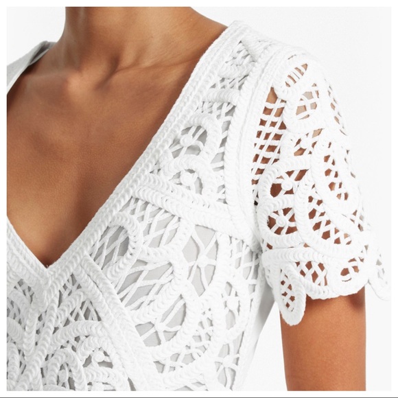 ⬇️ NWOT WHITE MACRAME LACE JERSEY MINI DRESS - Picture 2 of 4